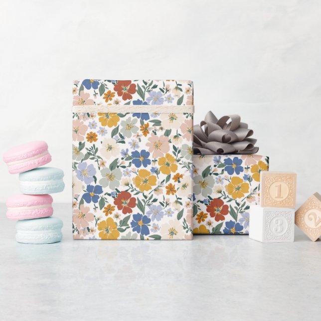 Papel De Presente Padrão Boho de Prado de Flores Silvestres (Chá de bebê)