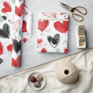 Papel De Presente padrão bonito com cor d'água pintada de coração