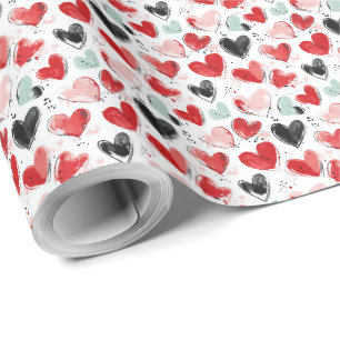 Papel De Presente padrão bonito com cor d'água pintada de coração