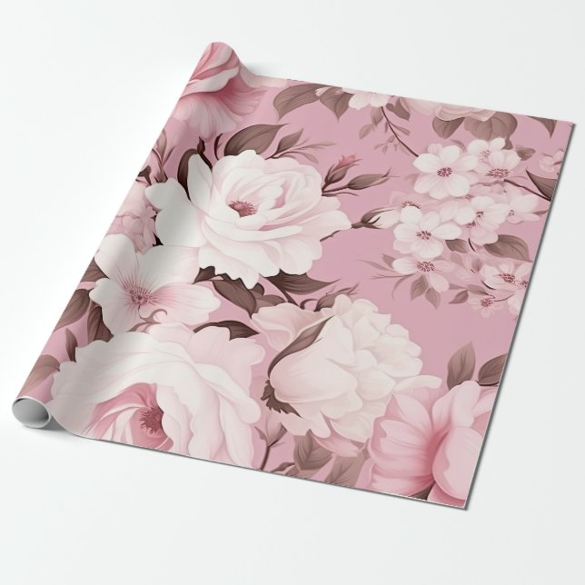 Papel De Presente Padrão bonito da flor rosa (Desenrolado)