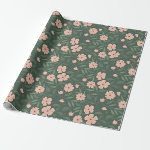 Papel De Presente Padrão Bonito Floral Verde-Rosa Esbranquiçado e 