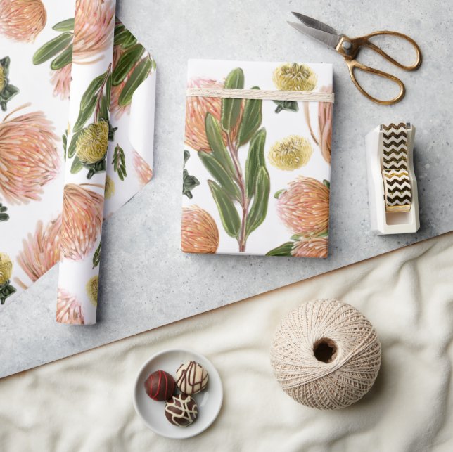 Papel De Presente Padrão Botânico Da Protea De Pincushion (Artesanato)