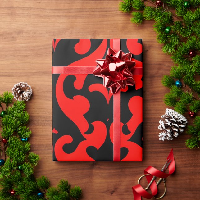 Papel De Presente Padrão Botânico das Flores do Damasco Vermelho (Presente de Natal)