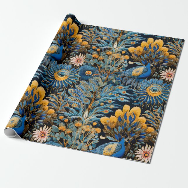 Papel De Presente Padrão Botânico de Aves Exóticas Chinoiserie (7) (Desenrolado)