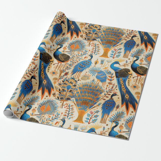 Papel De Presente Padrão Botânico de Aves Exóticas Chinoiserie (8) (Desenrolado)