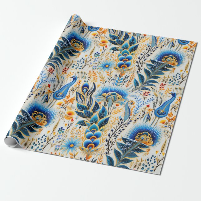 Papel De Presente Padrão Botânico de Aves Exóticas Chinoiserie (9) (Desenrolado)