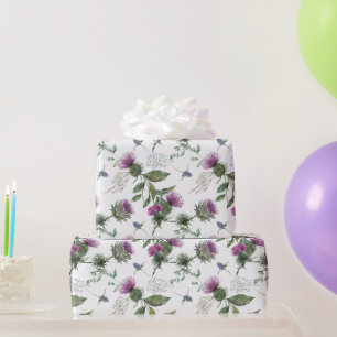 Papel De Presente Padrão Botânico de Cardo Roxo em Aquarela