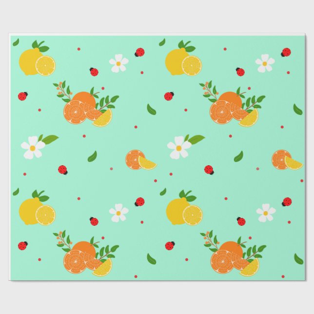 Papel De Presente Padrão Botânico de Citrino e Joaninha com Flores  (Aberto)