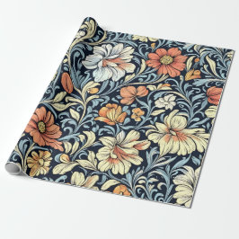 Papel De Presente Padrão botânico de cor azul em estilo retrô envolv