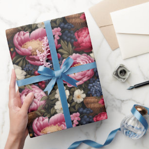 Papel De Presente Padrão botânico de flores e bagas cor-de-rosa