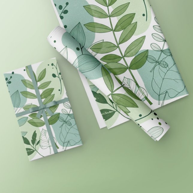 Papel De Presente Padrão Botânico de Folhas em Verde Sage Moderno (Criador carregado)