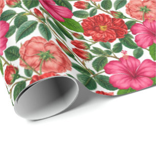 Papel De Presente Padrão Botânico de Hibisco e Rosa