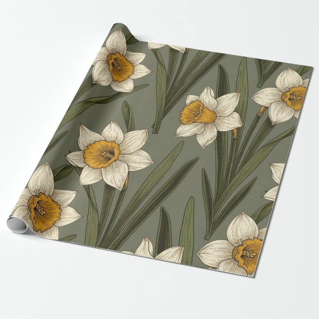 Papel De Presente Padrão Botânico de Narciso Moderno (2) (Desenrolado)