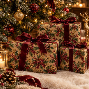 Papel De Presente Padrão Botânico de Natal Kraft – Laço Burgundy,