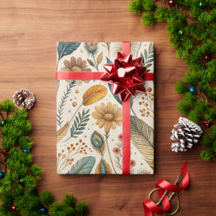 Papel De Presente Padrão Botânico de Pena e Flor Silvestre