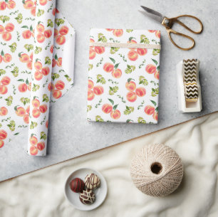 Papel De Presente Padrão Botânico de Pêssegos e Verduras em Aquarela