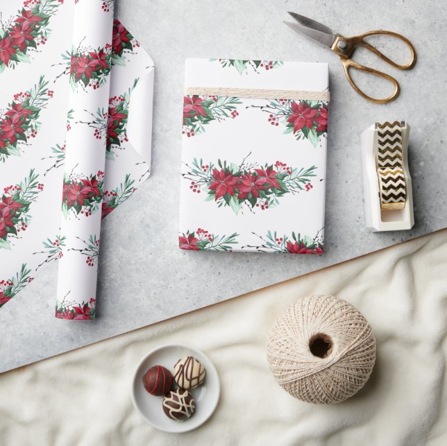 Papel De Presente Padrão Botânico de Poinsettia de Natal (Artesanato)