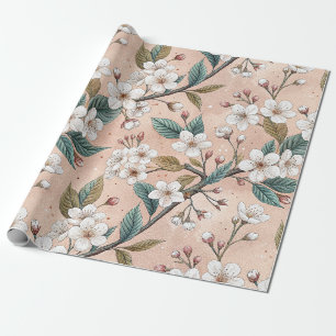 Papel De Presente Padrão Botânico do Ramo de Sakura em Pêssego Suave