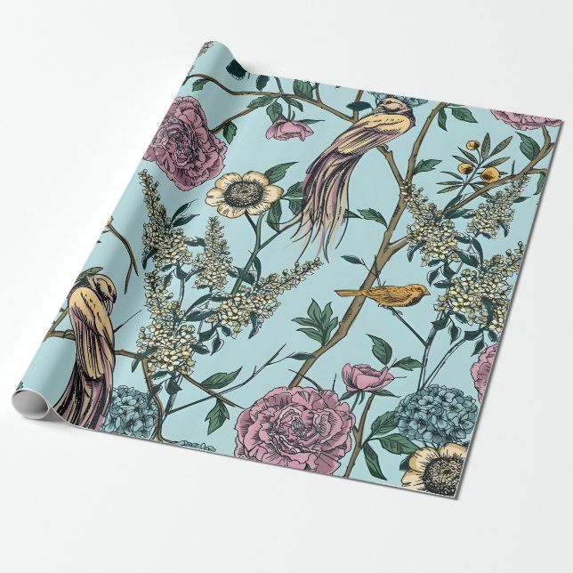 Papel De Presente Padrão botânico em cor azul estilo retrô (Desenrolado)