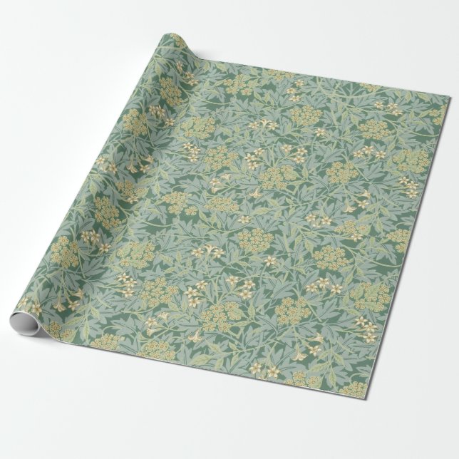 Papel De Presente Padrão Botânico Floral Antiquado Verde e Amarelo (Desenrolado)