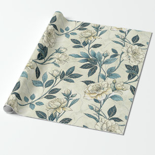 Papel De Presente Padrão Botânico Floral Azul Vintage (6)