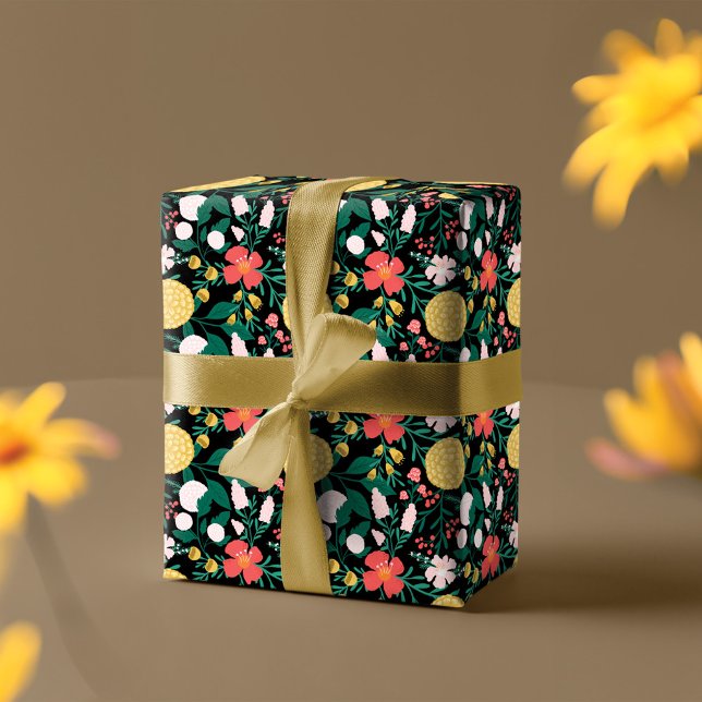 Papel De Presente Padrão Botânico Floral Festivo Jardim Preto (Botanical Floral Festive Garden Pattern Black Wrapping Paper)