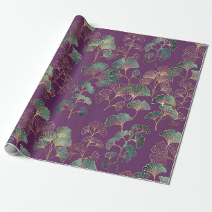 Papel De Presente Padrão Botânico Japonês Ginkgo Dourado Roxo