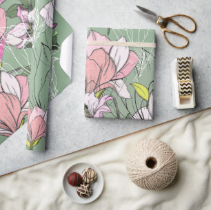 Papel De Presente Padrão Botânico Moderno Rosa e Verde