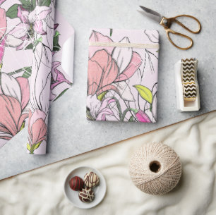 Papel De Presente Padrão Botânico Moderno Rosa e Verde