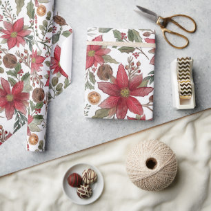 Papel De Presente Padrão Botânico Tradicional de Natal Poinsettia