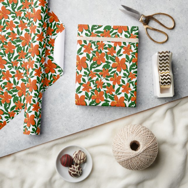 Papel De Presente Padrão Botânico Verde Floral Laranja Vermelho (Artesanato)