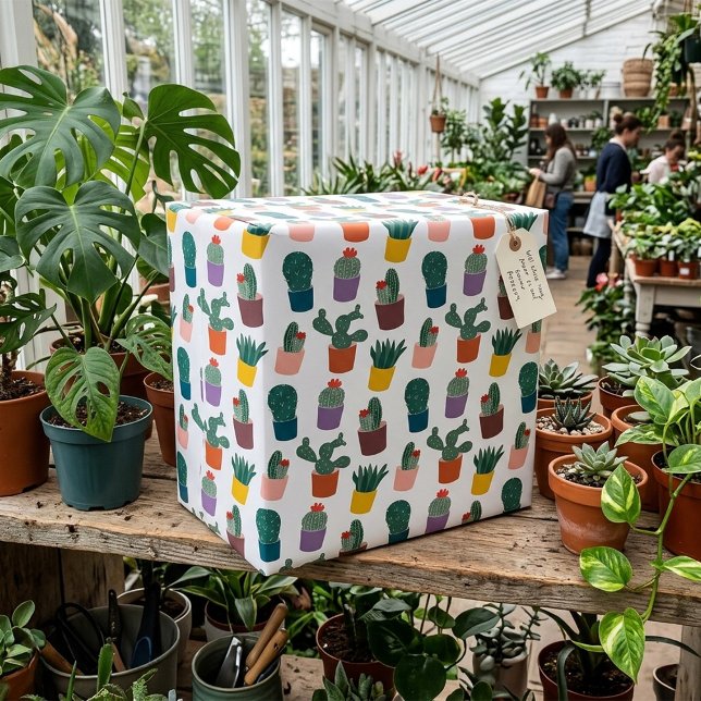 Papel De Presente Padrão Branco de Cacto Envasado Fofo Moderno (Criador carregado)