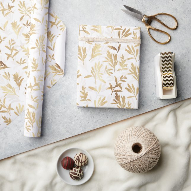 Papel De Presente Padrão Branco do ramo Oleícola Dourado Elegante (Artesanato)