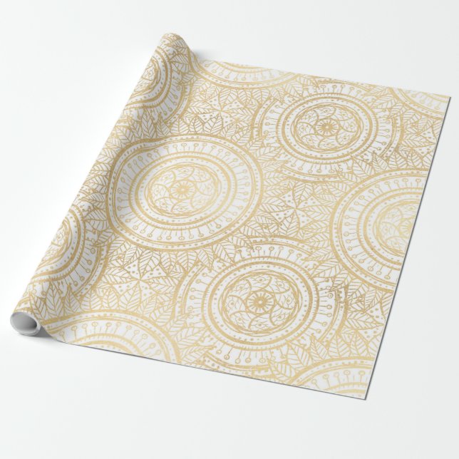 Papel De Presente Padrão Branco Elegante Dourado de Mandala Girassol (Desenrolado)