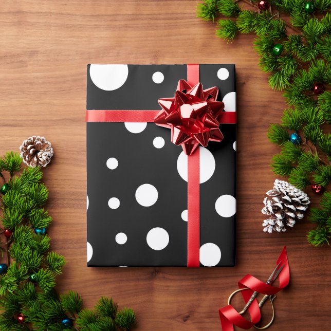 Papel De Presente Padrão branco sobre Bolinhas preta (Presente de Natal)