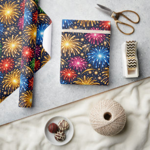 Papel De Presente Padrão Brilhante de Fogos de Artifício à Meia-Noit