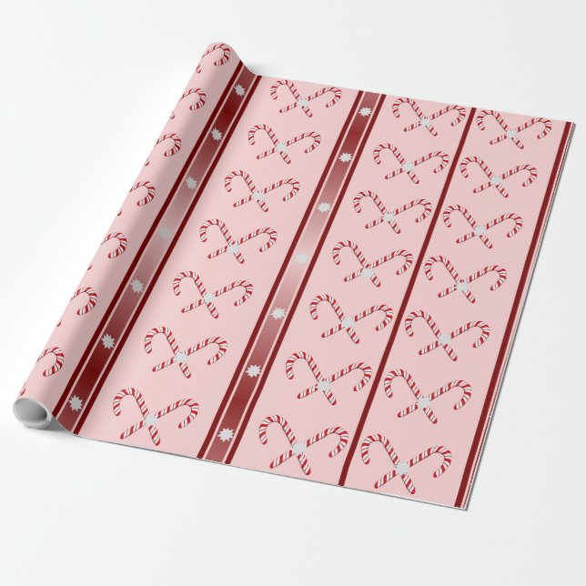 Papel De Presente Padrão CandyCane e Stripes rosa, vermelho, branco (Desenrolado)