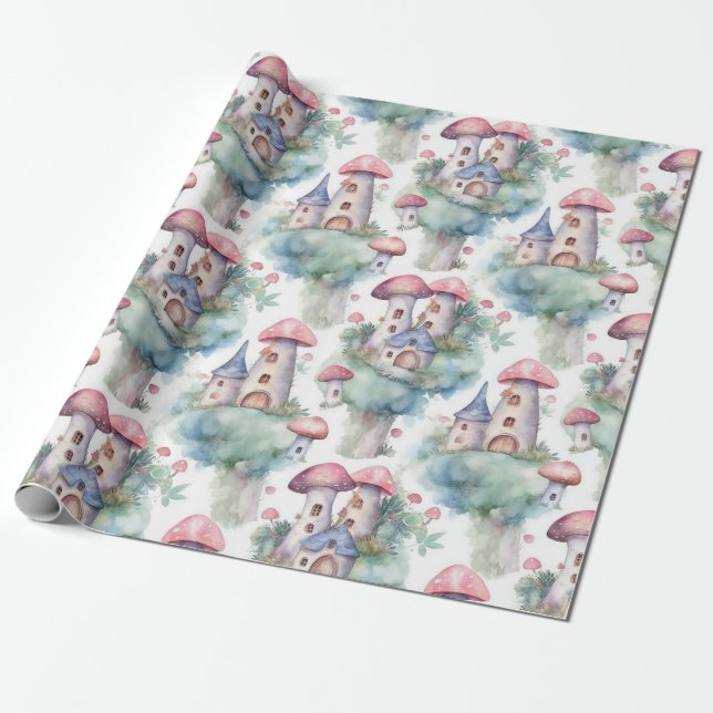 Papel De Presente Padrão Caprichoso de Cabana de Cogumelo (10) (Desenrolado)