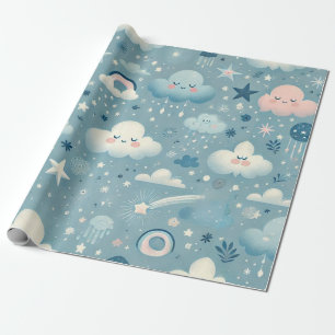 Papel De Presente Padrão Caprichoso do Céu com Nuvens, Estrelas - Az