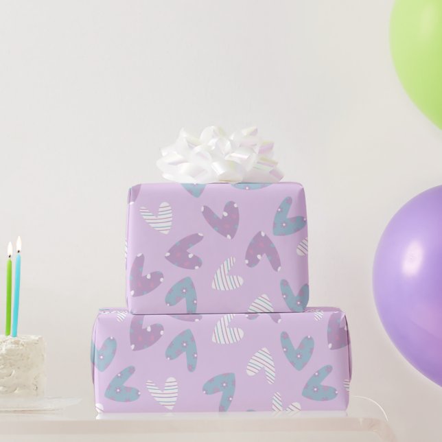 Papel De Presente padrão cardíaco púrpura (Presentes para festas)