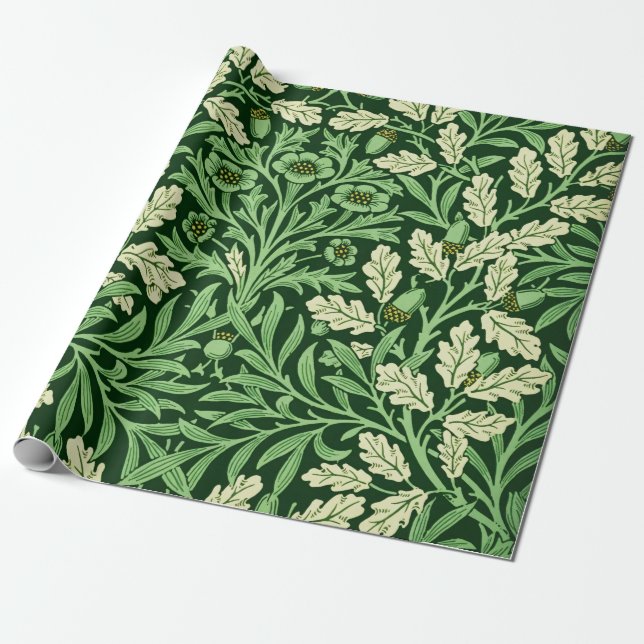 Papel De Presente Padrão Carvalho Velho Bolota Verde William Morris  (Desenrolado)