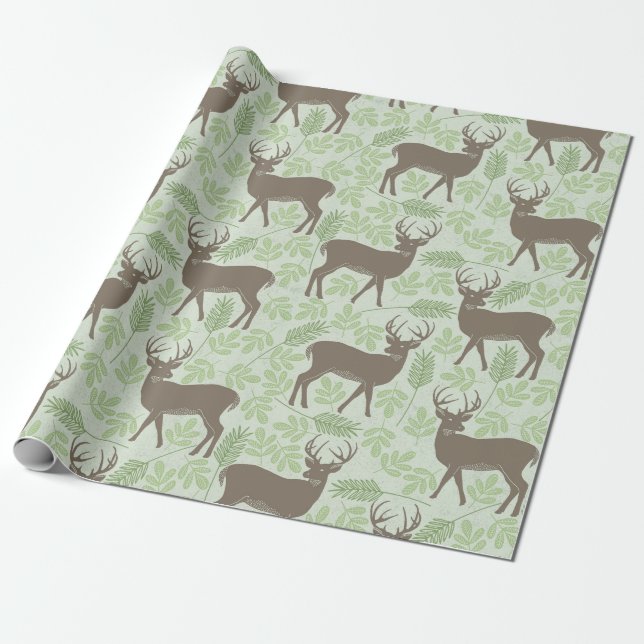 Papel De Presente Padrão Castanho Verde Foliage em Woodland Deer (Desenrolado)