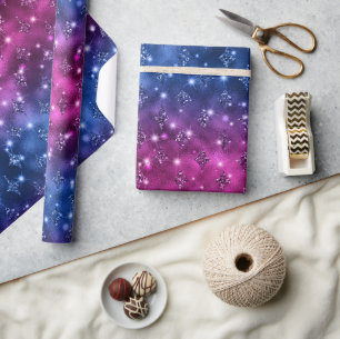 Papel De Presente Padrão Celestial com Brilho em Ombre Azul e Rosa