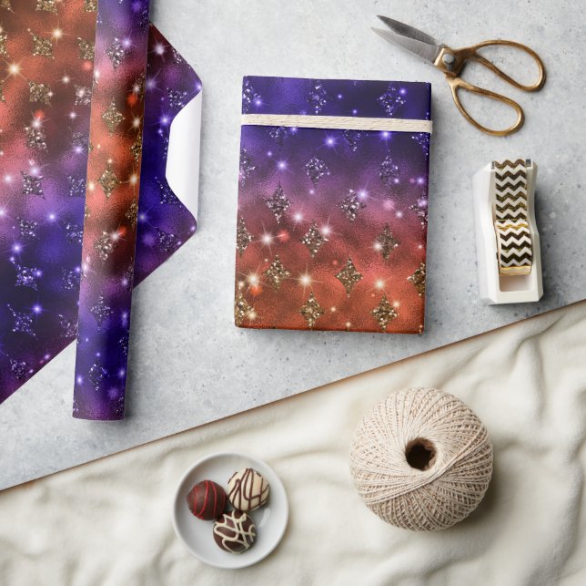 Papel De Presente Padrão Celestial com Brilho em Ombre Roxo e Laranj (Artesanato)