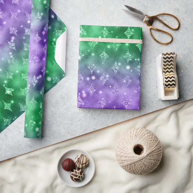 Papel De Presente Padrão Celestial com Brilho em Ombre Roxo e Verde (Artesanato)