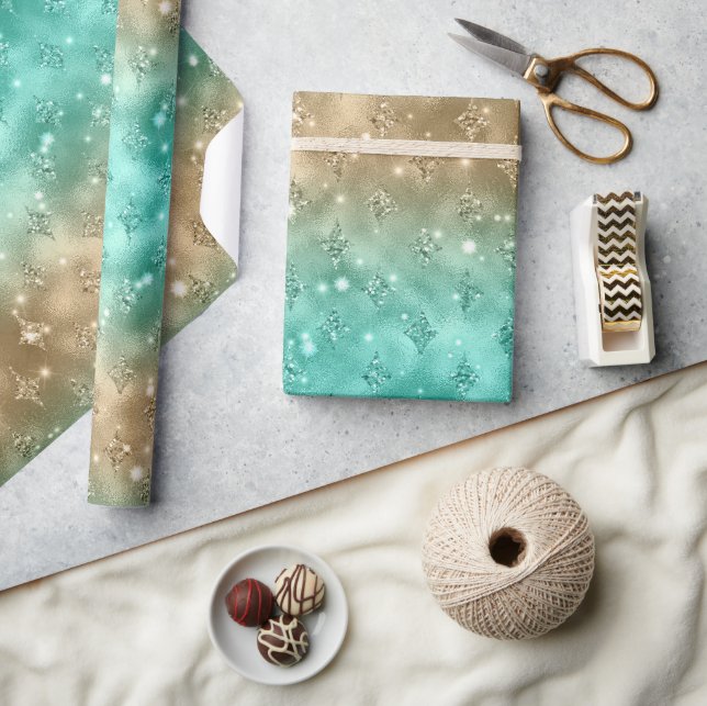 Papel De Presente Padrão Celestial com Glitter Ombre Verde e Dourado (Artesanato)