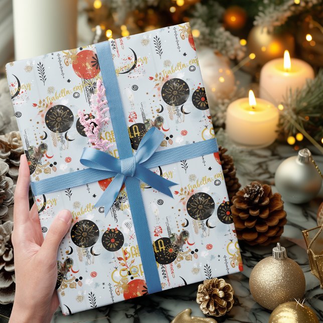 Papel De Presente Padrão Celestial de Natal Boho Chic Personalizado (Criador carregado)