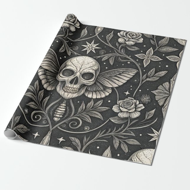 Papel De Presente Padrão Celestial Floral Caveira Gótica (1) (Desenrolado)