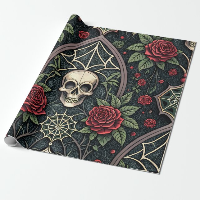 Papel De Presente Padrão Celestial Floral Caveira Gótica (3) (Desenrolado)