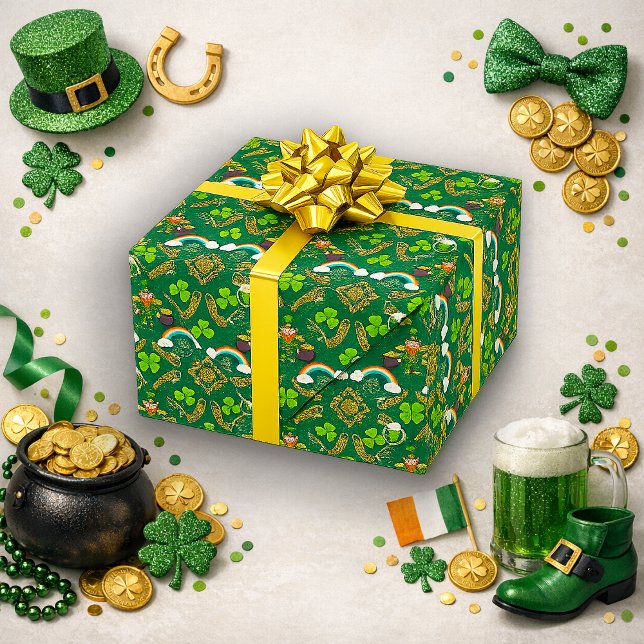 Papel De Presente Padrão Celta Verde do Arco-íris do Leprechaun Irla (Criador carregado)